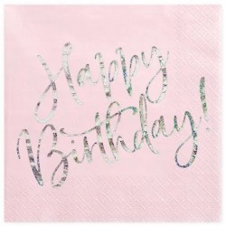 Serwetki Happy Birthday, jasny pudrowy róż 33x33cm 1op./20szt.